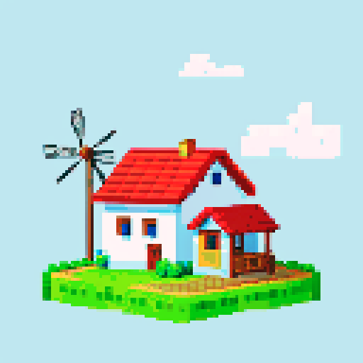 Country side Puerto Rican house in the mountains with a small white electric generating windmill near by and banana plantation