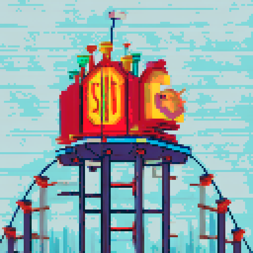 Amusement park, vibrant roller coasters, whimsical carousels, towering ferris wheels, sRGB colors, pixel art