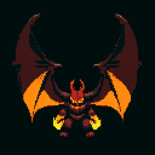 towering demonic figure, massive horns, sharp claws, large bat-like wings, dark red skin, glowing runes, piercing yellow eyes, powerful sinister aura, pixel art, sRGB