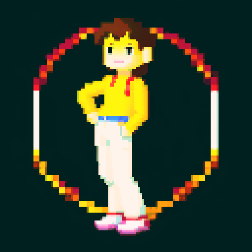 yellow smiling crescent in brown pants