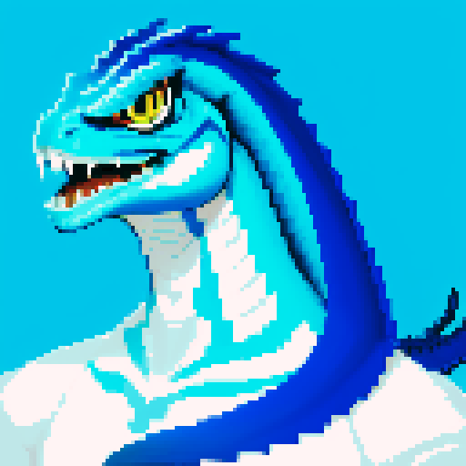 blue and white basilisk, pixel art, sRGB