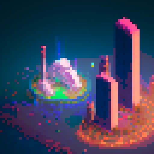 Futuristic colosseum, towering skyscrapers, neon lights, vibrant colors, people wearing futuristic outfits, pixel art
