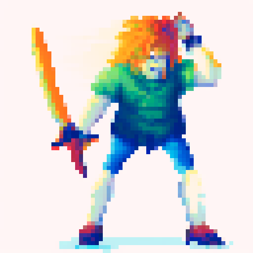 Vibrant orange and red hues saturate the sky as a fierce warrior, wielding a gleaming longsword, stands atop a lush, rolling grassy hill, poised for battle in a pixel art landscape
