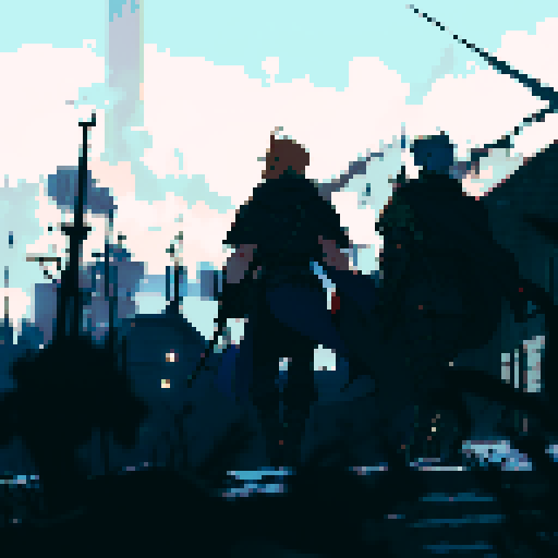 Final fantasy tactics detail soldier walking towards war torn city with a panzer faust on his back and a rifle in his hand. A Squad Mate of his is looking towards him in background, he has a cape on and a hood. City has snow on it. Colorful but not to bright of colors. 