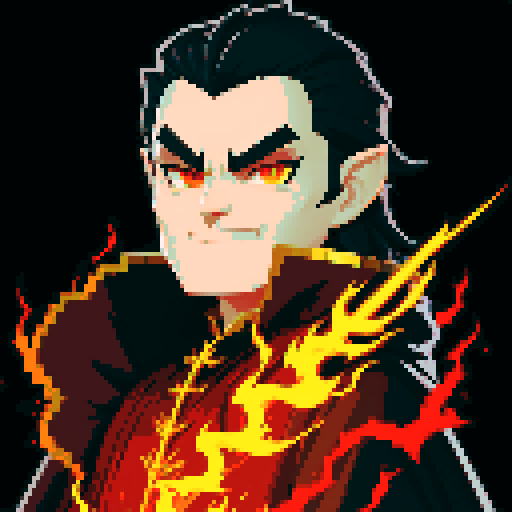 Dark Evil Male Wizard with black hair and bright eyes, wearing a red and black robe with golden-trimmed lining, conjuring a blazing fireball in a fantasy RPG style