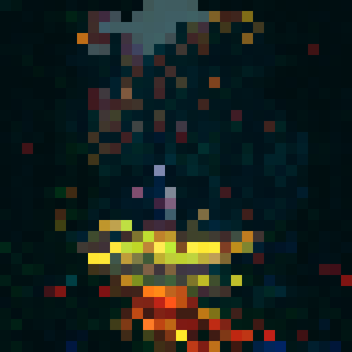 A sprawling, lush meadow dotted with vibrant wildflowers and towering trees framed by a majestic mountain range in the background, all rendered in pixel art with a vibrant sRGB color palette