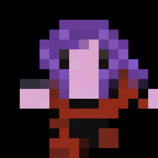 A suspicious false hero with lavender hair and leather armor