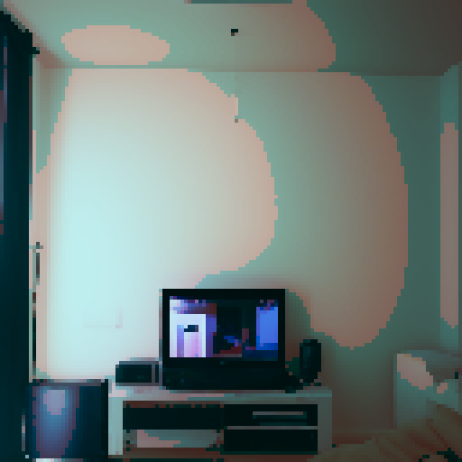 "Pixel art style image of a gaming setup in a French apartment featuring a flat screen TV on a wooden entertainment center, a gaming PC, and black walls; with empty daylight streaming in from the 2-meter-wide window, showcasing Roll20 on the screen, reminiscent of a lower quality estate agent listing photo edited on Canva with a white balance of 0.5 and an aperture of f5.6."