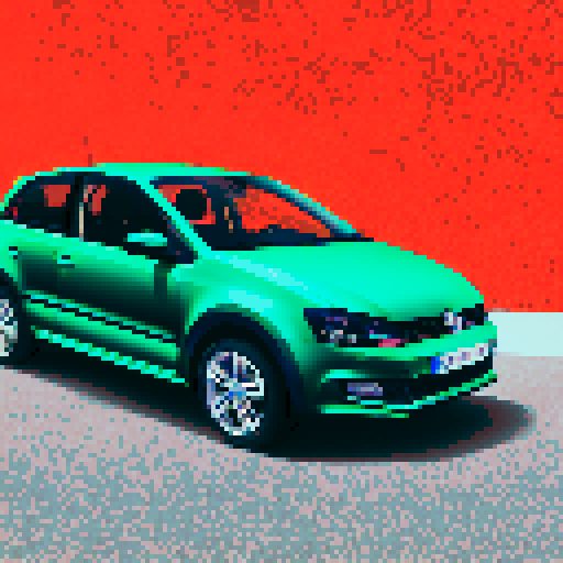 Photorealistic whole Volkswagen Polo, centered, three-quarter view, right front wheel, clean background, realistic colors, pixel art style