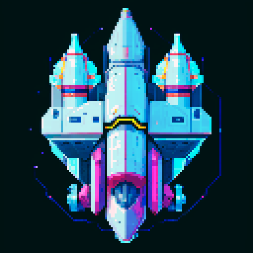 2d Spaceship in empty space, metallic exterior, retro aesthetic, pixelated details,blinking lights, wireframe outlines, geometric shapes, low-resolution textures, pixel art style, sRGB color space View from above.
shades of metallic silver and grays for the body, accented with bright blues or greens for the windows and thrusters. This palette evokes traditional, sleek, and advanced technological aesthetics.