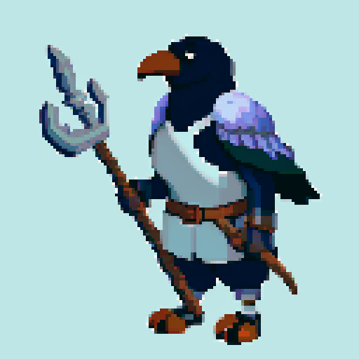 old antropomorphic raven druid with grey beard, with staff in hand