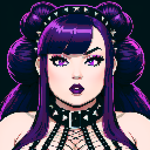 Face Portrait of Thicc, curvy, busty goth babe with studded collar, long purple hair in buns, fishnet stockings, studded halter top, pixel art, sRGB.