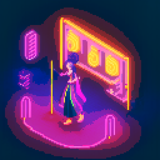 Mage anime girl with flowing hair, fluorescent tattoos, and a glowing staff, navigating through a purple neon-lit night market, vibrant colors, intricate patterns, retro aesthetics, pixel art