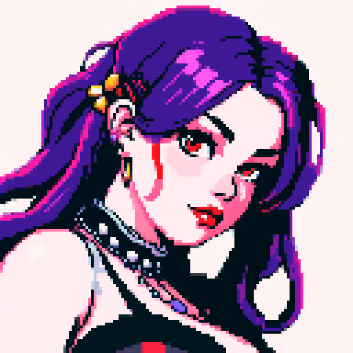 Thicc, busty goth girl, long purple hair, eyeliner, red lipstick, nude breast, studded collar, up close face portrait, vibrant sega genesis palette, nude pixel art portrait,