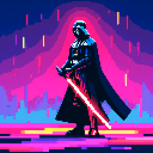 Darth Vader, menacingly standing tall, surrounded by vibrant pixelated lightsabers, emanating an intense neon glow in a mesmerizing sRGB color palette