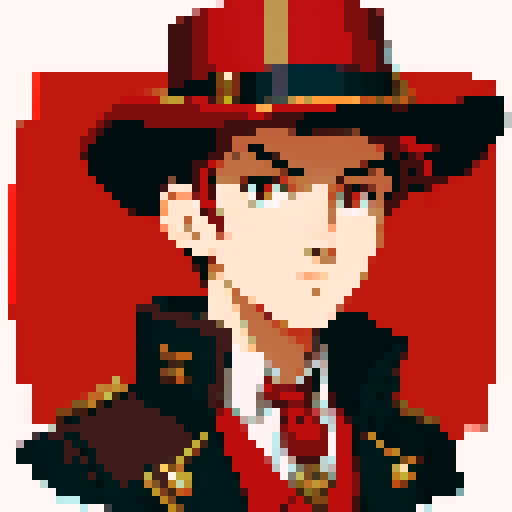 A steampunk young man who has a red coat and a red hat