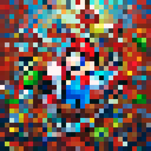 "Pixelated Murakami characters and Mario emerge from the screen in a skillful and vibrant game icon style, with close-up portraits showcasing their unique and quirky personalities."