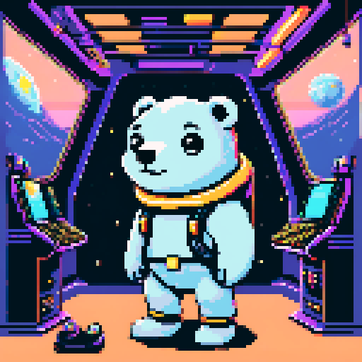 "An 8-bit pixel art of a polar bear aboard a rocket ship heading to the moon. The bear, wearing gold chains, sunglasses, and a futuristic helmet, stands confidently at the cockpit with monitors displaying cryptocurrency charts and a glowing 'To the Moon' sign. The cabin is sleek and high-tech, with stacks of crypto coins floating in zero gravity. Outside the window, the moon looms closer against a backdrop of stars, emphasizing the bear's journey as a crypto mogul."