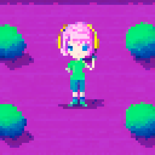 Gamer girl with pink hair and headphones, no background, sprite sheet, game asset