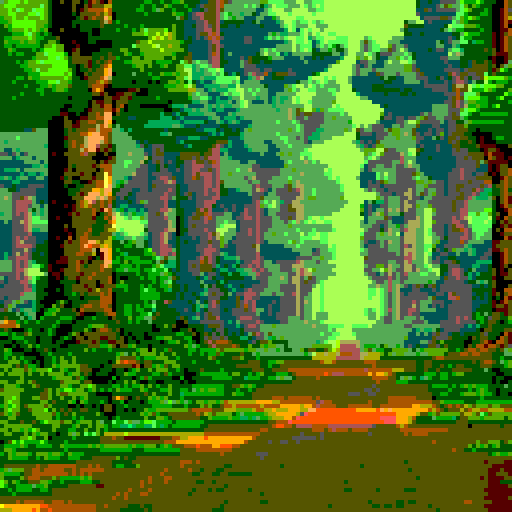 dense green giant oak tree forest, towering trees, dappled sunlight, first person view looking ahead, wide angle shot