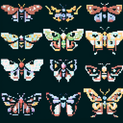 collection of 9 tiny 8-bit pixel art on flat black background each depicting a different moth each more beautiful than the last 