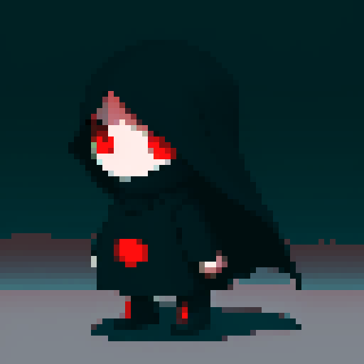 short black cloaked character with red eyes