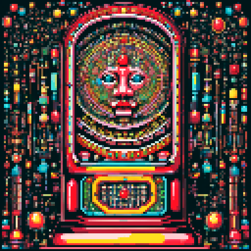 Vintage pachinko machine, vibrant retro colors, intricate mechanical details, nostalgic pixel art, sRGB color space