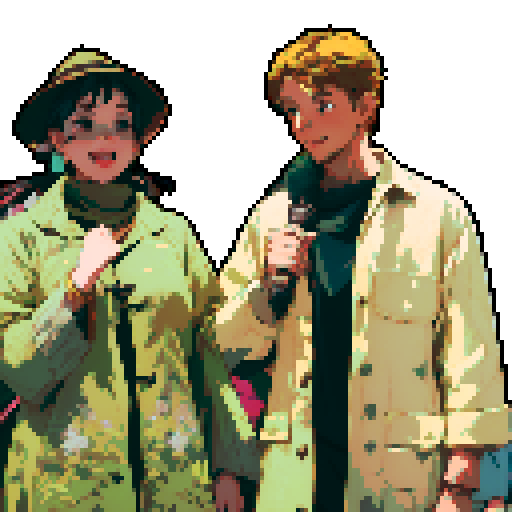 adventurers exploring a vibrant and mystical forest, surrounded by towering trees and sparkling streams, capturing their awe-struck expressions with vintage microphones, highlighting their friendly camaraderie through smiles, all depicted in a breathtaking landscape portrait with intricate character designs, showcasing the beauty of pixel art in every meticulously detailed element