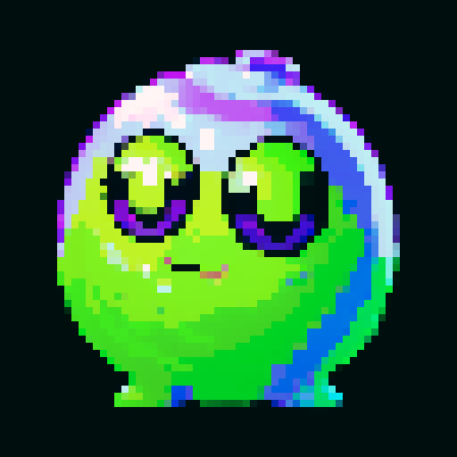 A dangerous slime with a toxic purple hue, emitting a faint glow. It has sharp, sinister eyes and a menacing expression, with toxic bubbles inside. No background.

