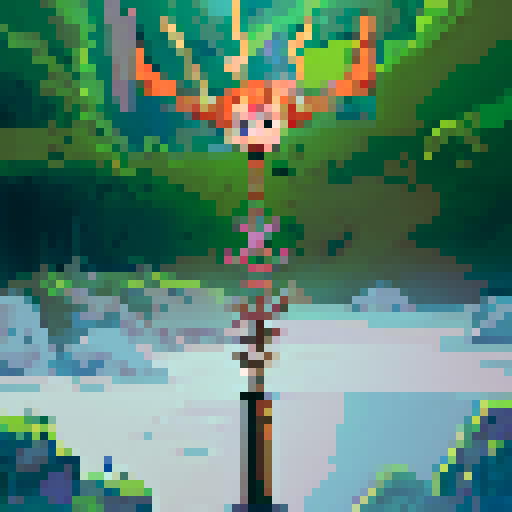 cute chibi, fleshy creature with thorny iron crown, vibrant colors, sharp lines, playful expression, hovering above ground, tuning forks for hands and feet, pixel art, sRGB