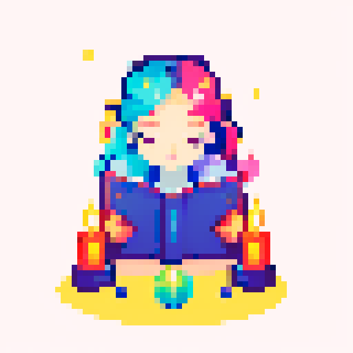 Colorful Illustration of a charming young witch with a boho vibe, reading a crystal ball, viewed from the client's perspective, mystical atmosphere with candles and herbs