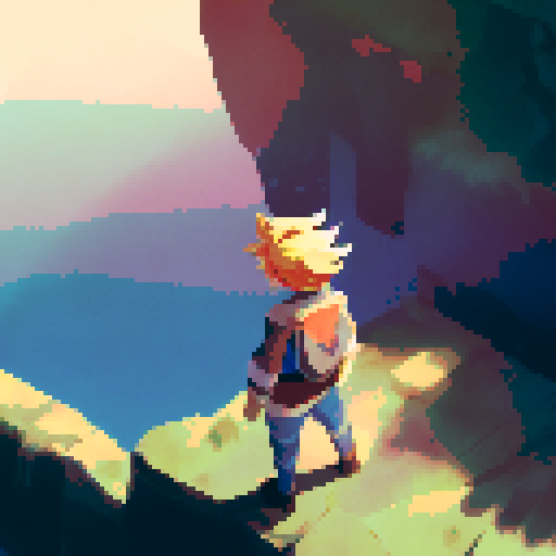 2 dimensional picture, bloodied man with bandages wrapped all around his body looking slightly down into his hand with his heart in it sitting on the cliffside looking towards the ocean with the sun setting in the distance