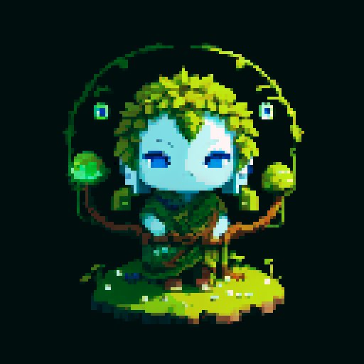 A wise, ancient guardian with a body covered in moss and vines, and deep, glowing blue eyes. It has a calm, serene expression and exudes an aura of ancient wisdom and tranquility. No background.
