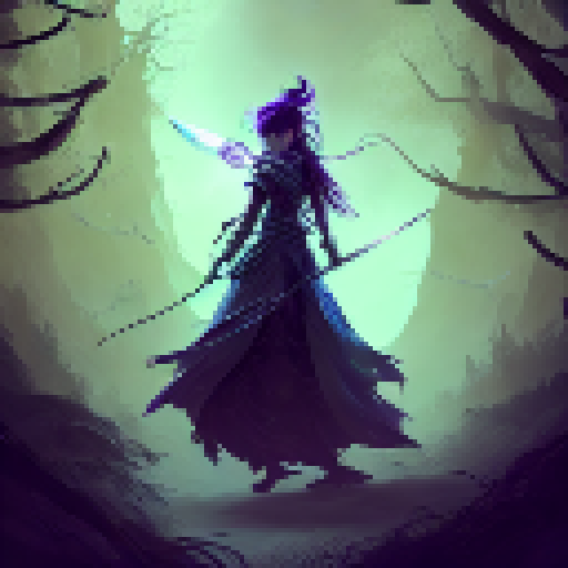 Akali, a fierce ninja warrior, navigates through a dark, mystical forest under the moonlight, with trees that tower above her and a mist that shrouds her stealthy movements, all in the style of a classic Fantasy RPG.