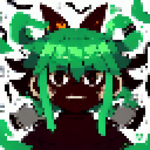 Demon slayer with fiery red hair and piercing green eyes stares fiercely at the viewer in a close-up character portrait, rendered in a vibrant anime style with intricate pixel art details.