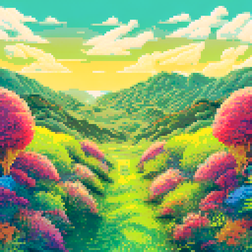 Rolling hills of golden grasses dotted with wildflowers, stretching as far as the eye can see, against a pixelated sRGB background of a pastel sunset sky, creating a serene landscape