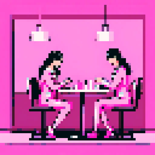 A nail tech doing a client's nails at a table in a pink nail salon.