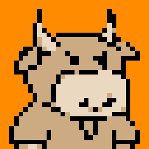 A pixel art portrait of a bull with a neutral expression, featuring a minimalist design with light skin tone, solid colors, Set against a solid orange background. The style is reminiscent of early video game characters, with a square aspect ratio.
