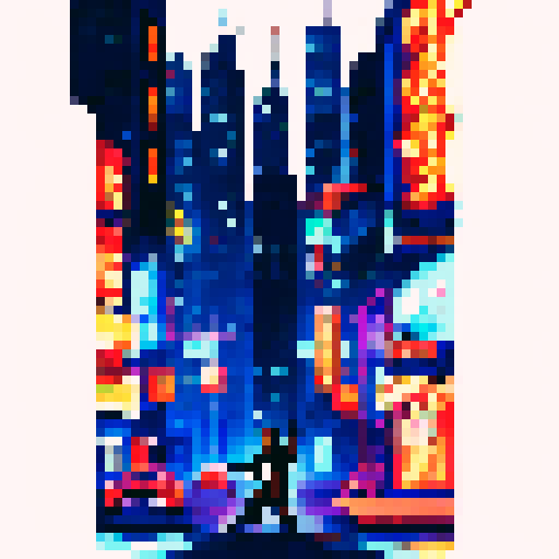 Slick gangster, cigar in mouth, strolls through neon-lit city streets surrounded by towering skyscrapers, vintage cars, and flickering streetlights amidst a bustling urban landscape