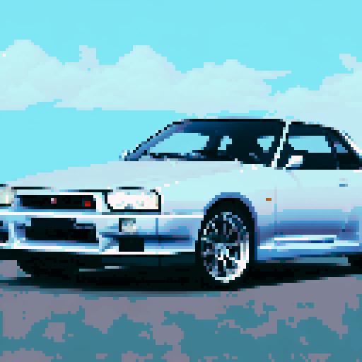 Photorealistic whole Nissan Skyline GT-R, three-quarter view, right front wheel, clean background, sRGB colors, pixel art style
