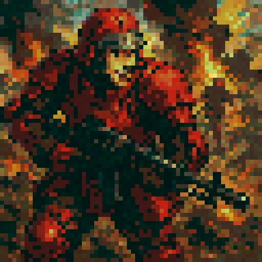 Valkyria Chronicles male imperial Shocktrooper, red armor, sRGB, pixel art, dieselpunk, intense, dramatic, battlefield, action-packed, dynamic, detailed, immersive, vibrant, heroic