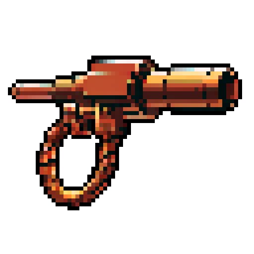 I want a copper minigun seen from a head on perspective. I want this object usable an asset in a videogame, meaning only one object per image, outlined with a strong black stroke, on a solid-color background.
