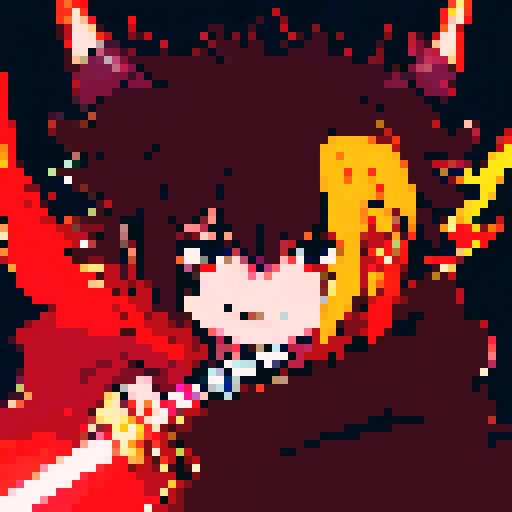 Demon slayer wielding a glowing sword, with fiery eyes and spiky hair, against a dark, pixelated background, in a character portrait close-up rendered in anime style.