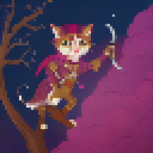 Fierce feline warrior, brandishing a magical sword, stands atop a tower of bones overlooking a misty, enchanted forest.