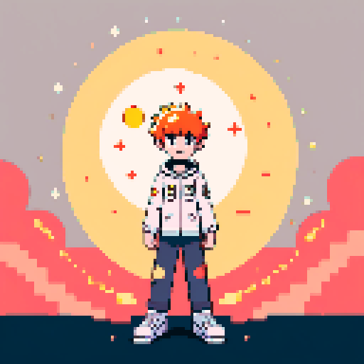 a kid with open arms, and a headpiece that resembles the sun, and a detail in his clothes on the chest area that resembles the moon. the background looks like outerspace.
