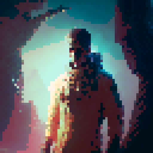 Bloodied man with gauze wrapped all around his body looking slightly down into his hand with his heart in it sitting on the cliffside looking towards the ocean with the sun setting in the distance