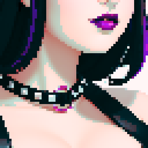 curvy, busty goth, cute goth woman's face, black hair, purple eyeshadow, red lipstick, studded leather string bikini, face portrait, beauty photo, vibrant sRGB colors, pixel art