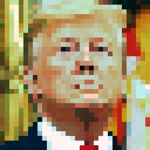 pixel art, 32x32, serious blonde man in suit and red tie, looking straight ahead with a proud expression, orange-toned skin, symmetrical composition, iconic cartoonish style
