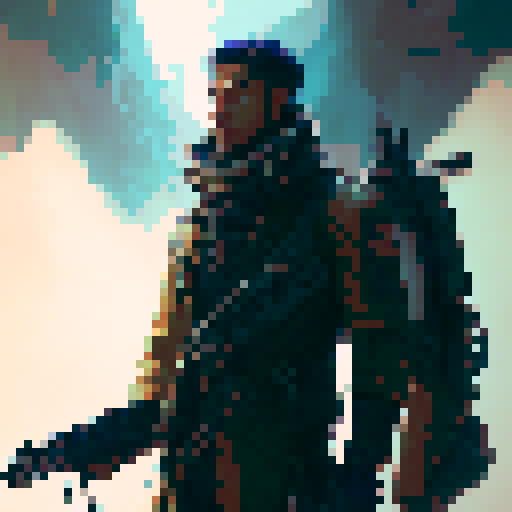 Steampunk hunter dressed with long coat with rifle on back and pistol on hand viewed from top down perspective