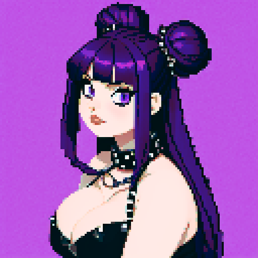 Face Portrait of Thicc, curvy, busty goth babe with studded collar, long purple hair in buns, fishnet stockings, studded halter top, pixel art, sRGB.